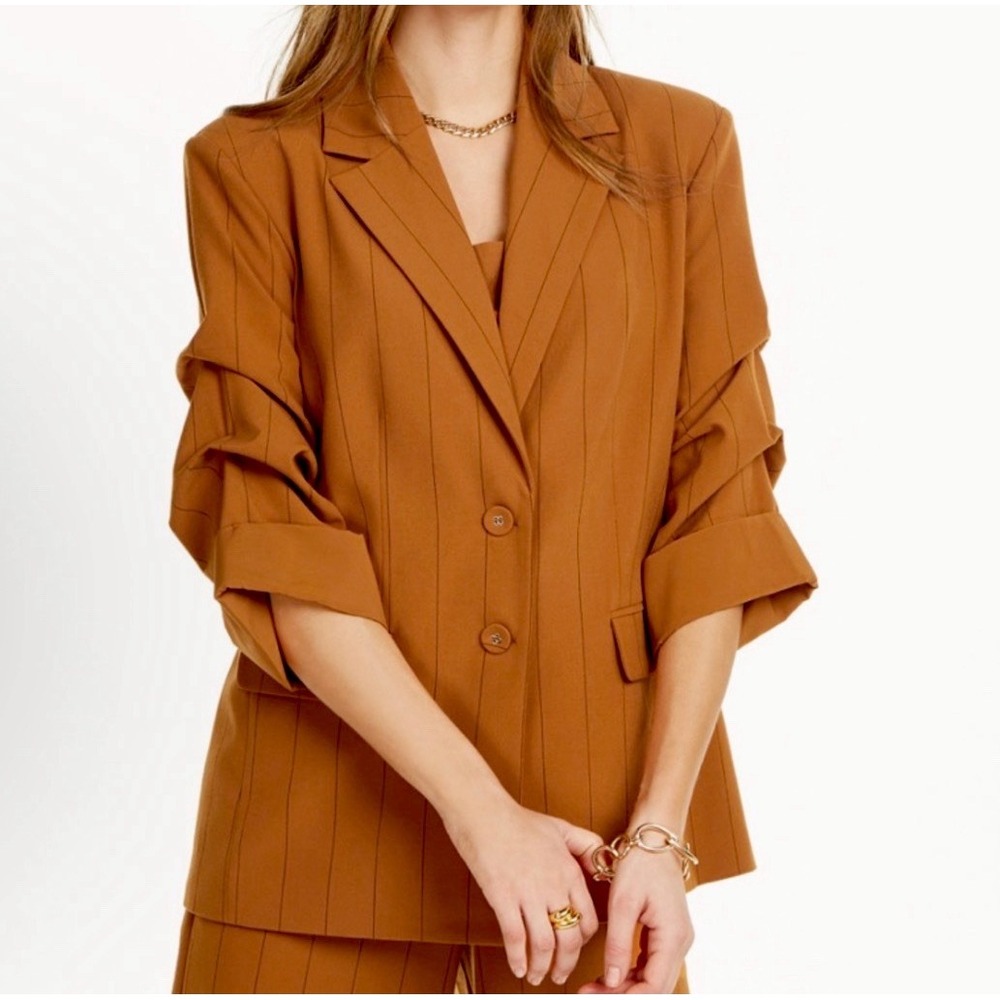 NWT Danielle Bernstein 3/4 Ruched Sleeve Blazer Coat Pinstripe Womens Size Large